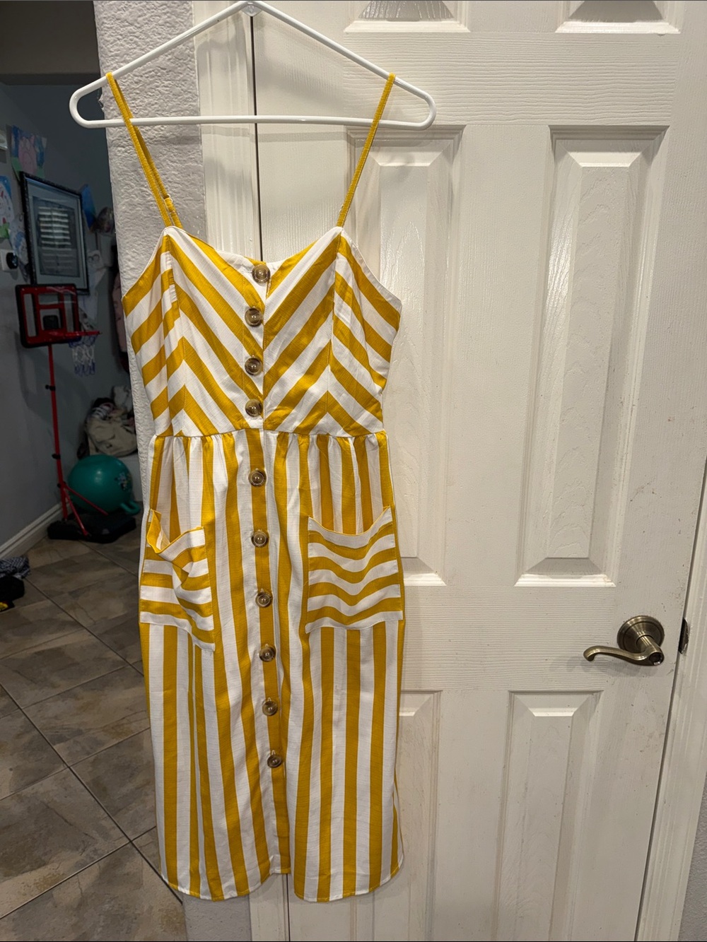 Yellow and White Striped Button-Front Midi Dress